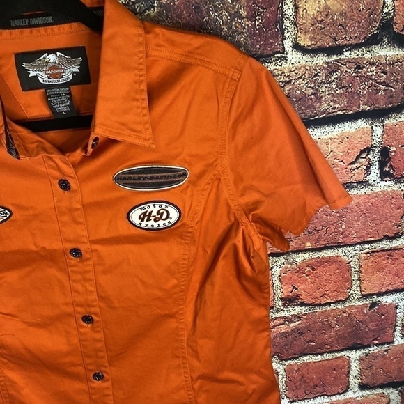 Harley Davidson Orange Women’s Short Sleeve Button Up Shirt with Logos Size M/L - Picture 9 of 15